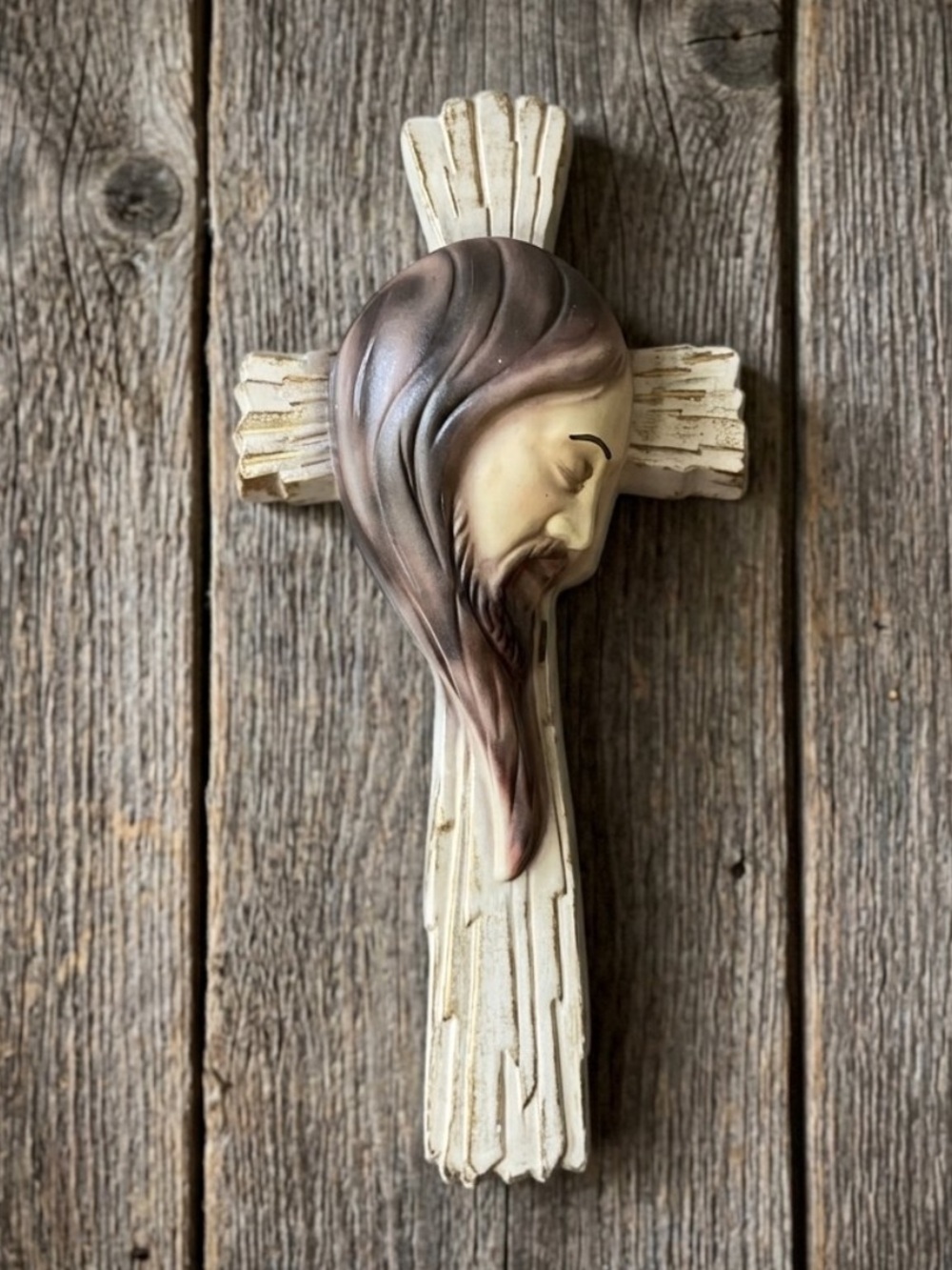 Vintage 1970s Jesus Wall Cross Art 
Chalkware 
3D Religious Wall Hanging